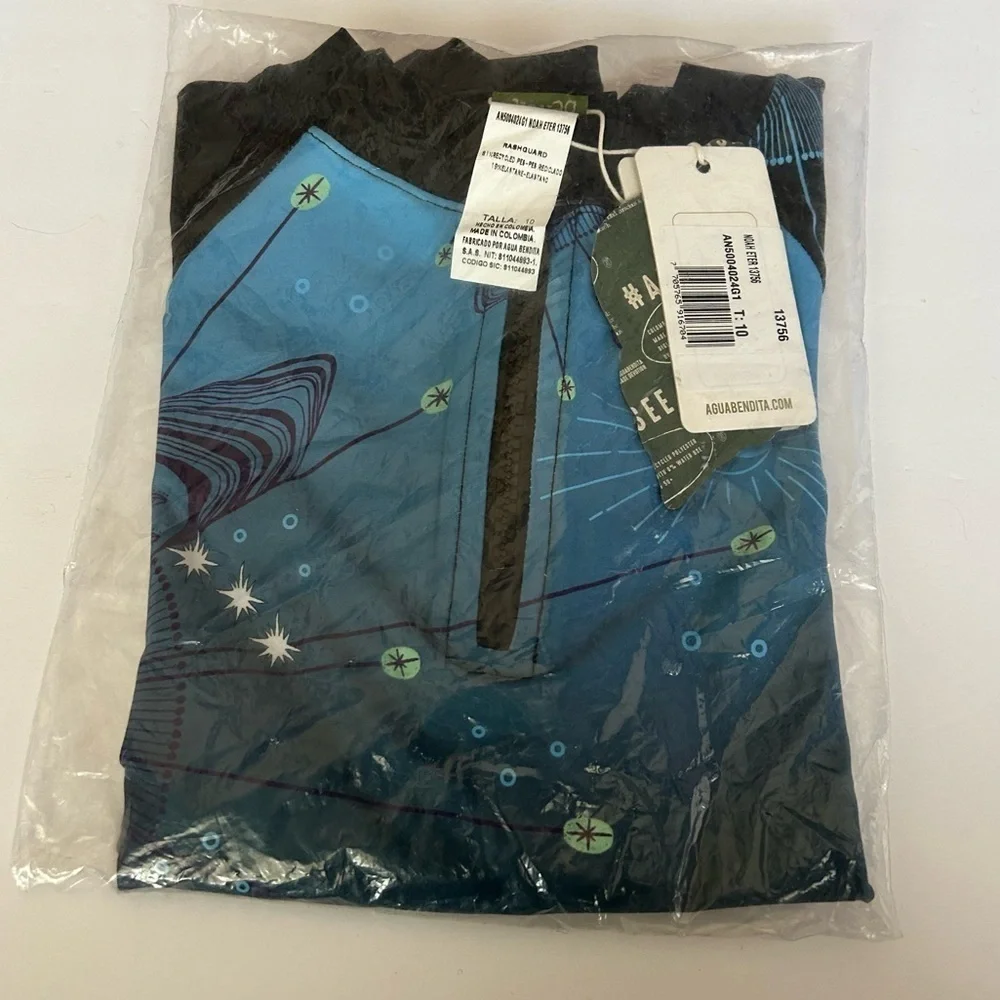 NWT Agua Bendita Noah Eter Celestial Rash Guard Blue Colorful Zipper Kids